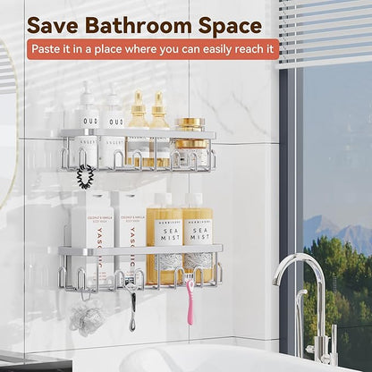 YASONIC Shower Caddy Adhesive 2-Pack, Rustproof Shower Organizer with Holder, No-Drill Shower Shelves for Inside the Shower, Large-Capacity Bathroom Organizers and Storage for Dorms & Renters, Silver