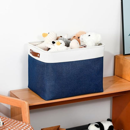 DULLEMELO Large Storage Baskets, Fabric Storage Bins for Organizing Foldable Linen Shelf Baskets for Clothes, Toys, Closet, Laundry (White&Blue,16"x12"x12"-1 Pack)