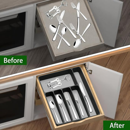 Loyareal Silverware Organizer Utensil Organizer Holder Kitchen Drawer Organizer Plastic Silverware Tray for Drawer Flatware Organizer 6 Compartment Black