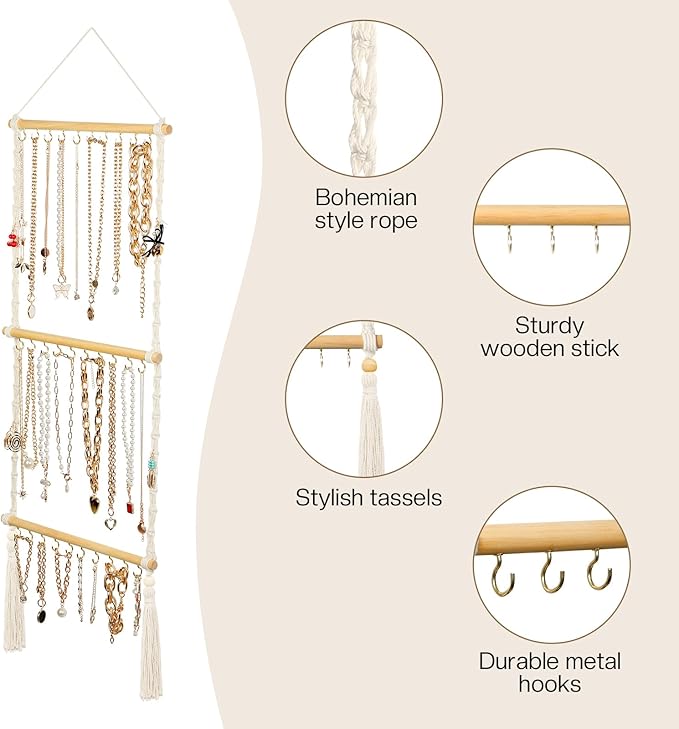 UREYMX Hanging Jewelry Organizer Macrame Necklace Holder, with 30 Hooks, Over Door Necklace Rack, Wall Mounted Jewelry Hanger with Tassel Boho for Necklace Headband Bow Earring Bracelet