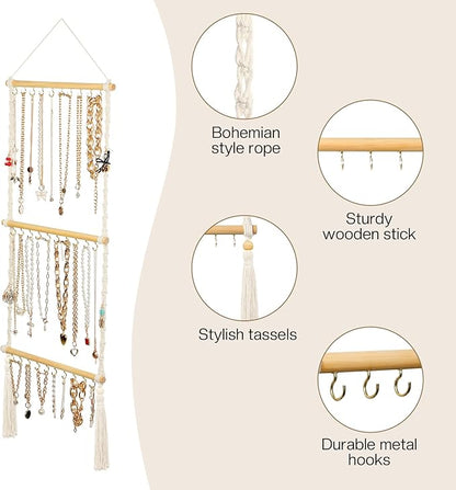 UREYMX Hanging Jewelry Organizer Macrame Necklace Holder, with 30 Hooks, Over Door Necklace Rack, Wall Mounted Jewelry Hanger with Tassel Boho for Necklace Headband Bow Earring Bracelet
