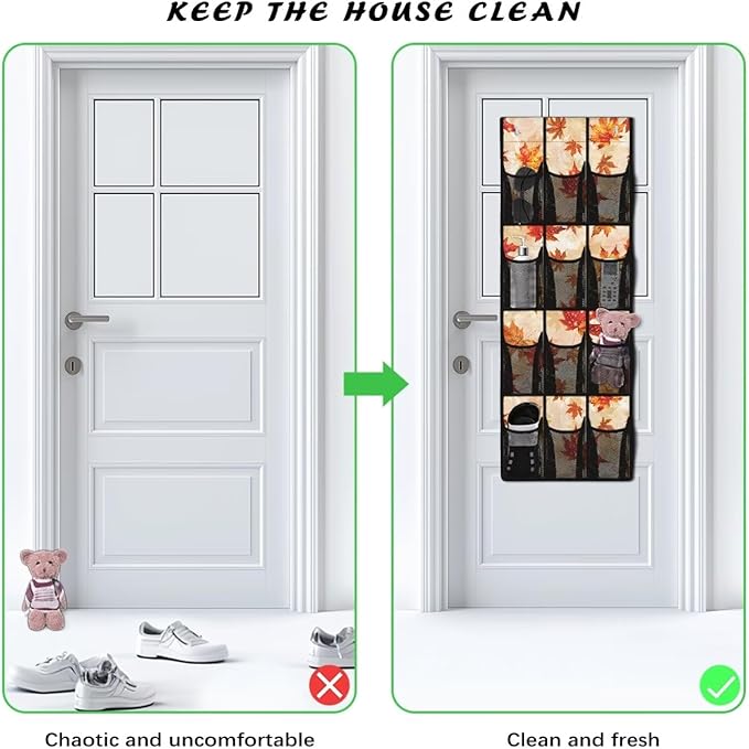 Fall for Maple Leaf Shoe Organizer Over The Door Mesh Fabric Door Hanging Shoe Organizer for Living Room,Easy to Install and Space Saving Wall Hanging Storage, 4 Metal Hook and 12 Pockets