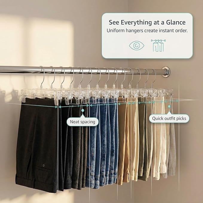 DEILSY™ Pants Hangers with Clips – 12 inch Space Saving Pants Hangers - Stylish Jeans Hangers for Closet Organization - Durable Hangers for Pants, Skirts, Jeans, Shorts, Trousers - 30 Pack