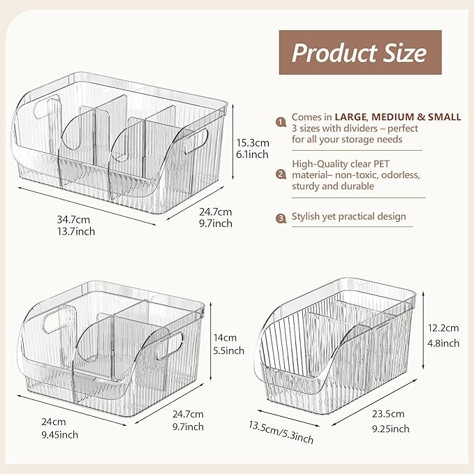 Set of 3 Pantry Organizers and Storage Bins with Removable Dividers - Clear Plastic Storage Box for Cabinet, Kitchen, Fridge, Bathroom, Home Organization Food Containers, Large Medium Small