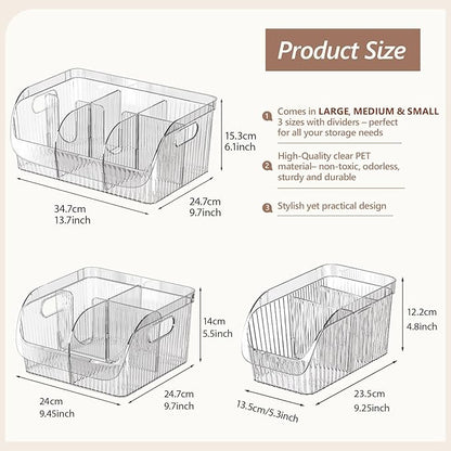 Set of 3 Pantry Organizers and Storage Bins with Removable Dividers - Clear Plastic Storage Box for Cabinet, Kitchen, Fridge, Bathroom, Home Organization Food Containers, Large Medium Small