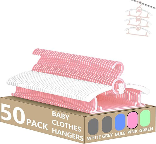 HGYZE Kid Hangers for Closet 50pcs, Pink Infant Clothes Hanger 11-14" Adjustable Plastic Baby Coat Perchas with Bear Hook, Non-Slip Children Outfit Hangars for Boy Toddler Newborn Teen Clothing