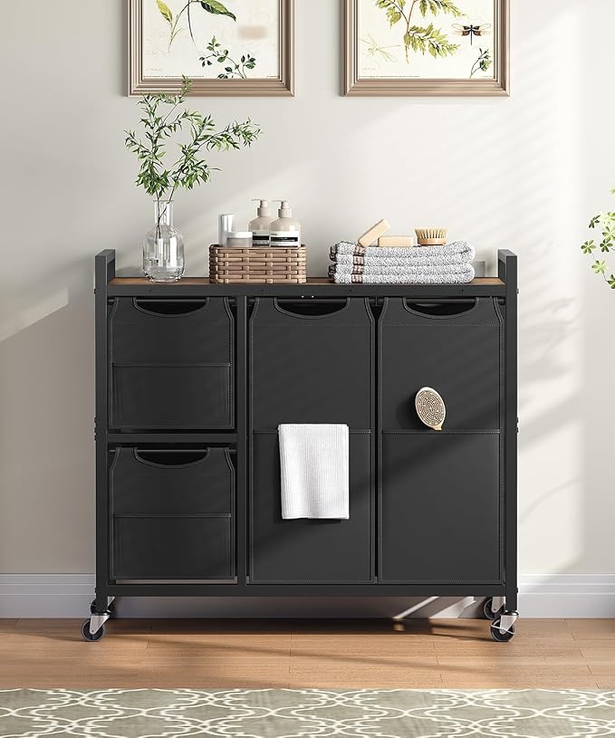 HOOBRO Laundry Sorter with 4 Section, 34 Gal. (127 L) Laundry Hamper with Wheels, Rolling Laundry Basket with Shelf, Pull-Out Detachable Bags, Side Pockets, Rustic Brown and Black BF14XY01N1