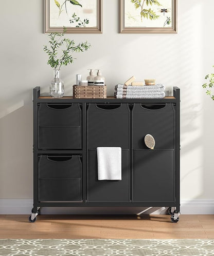 HOOBRO Laundry Sorter with 4 Section, 34 Gal. (127 L) Laundry Hamper with Wheels, Rolling Laundry Basket with Shelf, Pull-Out Detachable Bags, Side Pockets, Rustic Brown and Black BF14XY01N1