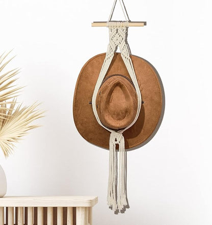 Yulejo Macrame Hat Hangers Boho Hat Rack Cowboy Hat Hanger Back of Door Hat Organizer (White,One Hat Style)