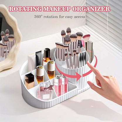 Makeup Organizer with Rotating Brush Holder Vanity Organizer Cosmetic Storage for Dresser Bathroom Countertop Organizer for Vanity, Cosmetic Display Case for Lipstick, Skincare, Brushes, Eyeshadow