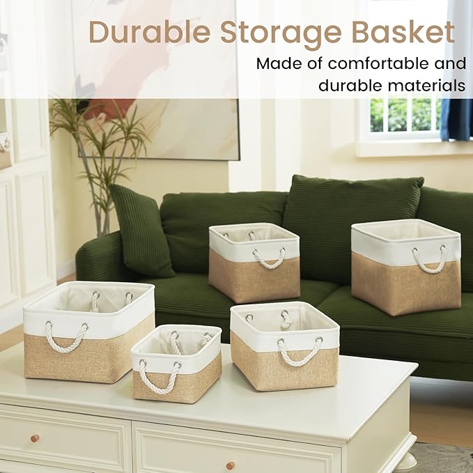Large Storage Baskets- 15x11x10 inch Storage Bins for Shelves and Closet Organizing, Foldable Fabric Bin for Home Organization Clothes and Laundry (1-Pack, White&Khaki)