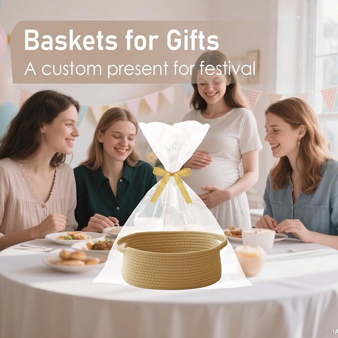 JMvicyroam Woven Basket,Small Rope Storage Bin with Handles & Ribbon Bag, Organizer for Shelves Closets,Gift Basket Empty for Birthday,Books,Dog Toys, Jute/3 Pack