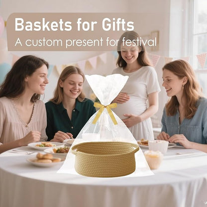 JMvicyroam Woven Basket,Small Rope Storage Bin with Handles & Ribbon Bag, Organizer for Shelves Closets,Gift Basket Empty for Birthday,Books,Dog Toys, Jute/3 Pack