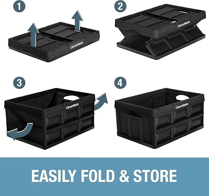CleverMade Collapsible Storage Bins - Black 3 Pack 32L - Stackable Containers Heavy Duty Capacity Folding Crates - Space-Saving for Home