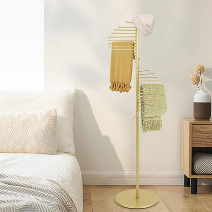 67" Gold Retail Display Tie & Scarf Rack, Belt Hanger & Pants Racks Towel Organizer Hanging Bar, Floor Standing Tie Racks Scarves Rack Necktie Holder for Home Clothing Store Commercial