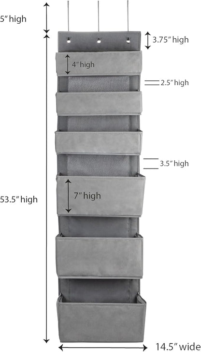 Household Essentials 6 Pocket Over the Door Pocket Organizer, PP Non-Woven Fabric Pockets, Reinforced Siding, Foldable, Versatile, Perfect for Residential and Commercial Doors, Grey