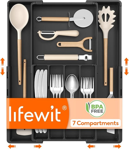 Lifewit Silverware Drawer Organizer, Expandable BPA Free Utensil Tray for Kitchen, Adjustable Flatware and Cutlery Holder, Plastic Storage for Spoons Forks Knives, 8.9-14.2 x 11.3-19.4 x 1.7, Black