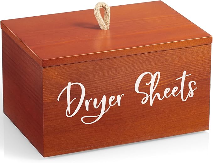 Wood Dryer Sheet Holder - Laundry Sheets Container with Lid - Farmhouse Laundry Room Organization and Storage for Laundry Room Decor and Accessories - Fabric Sheet Dispenser, Red Brown
