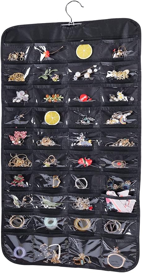 Cemueo Hanging Jewelry Organizer, Double Sided 80 Pocket Jewelry Chain Storage Bag 2 Layer of Fabric Jewelry Organizer Holder for Necklace Bracelet Earring Ring Chain Knitting Tool-Black