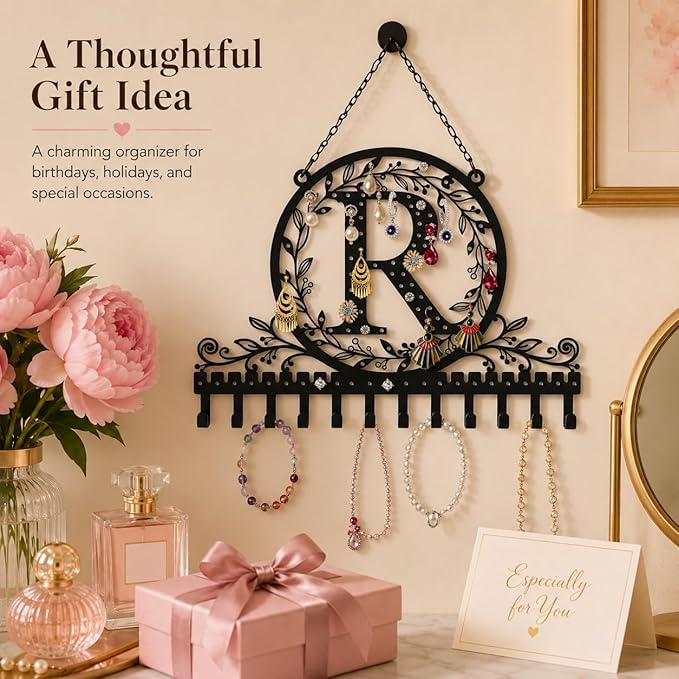 Wall-Mounted Metal Initial Letter R Earring Holder Hanging Jewelry Organizer for Earrings and Necklaces Space-Saving Wall Display with Hooks for Jewelry Storage
