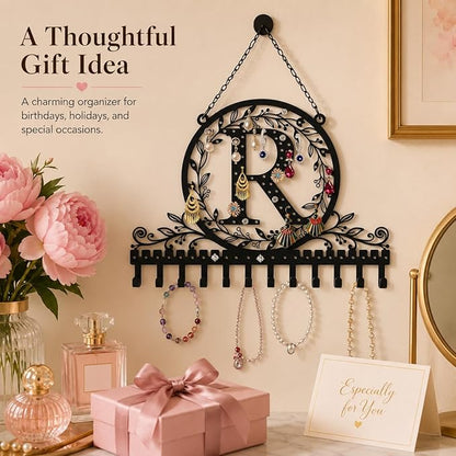 Wall-Mounted Metal Initial Letter R Earring Holder Hanging Jewelry Organizer for Earrings and Necklaces Space-Saving Wall Display with Hooks for Jewelry Storage