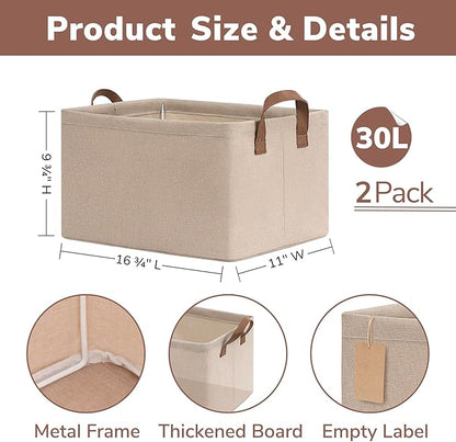 CHICVITA Storage Baskets for Shelves, Large Closet Storage Bins with Handles, Fabric Clothes Towels Baskets for Organizing, 16 ¾" L x 11" W x 9 ¾" H, Brown, 2-Pack