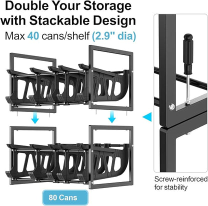iSPECLE Expandable Can Storage Organizer Pantry, 2 Pack Large Capacity 80 Cans Pantry Organizers and Storage, Auto Rolling Dispenser & Stackable Holder for Deep Pantry Shelves, Black