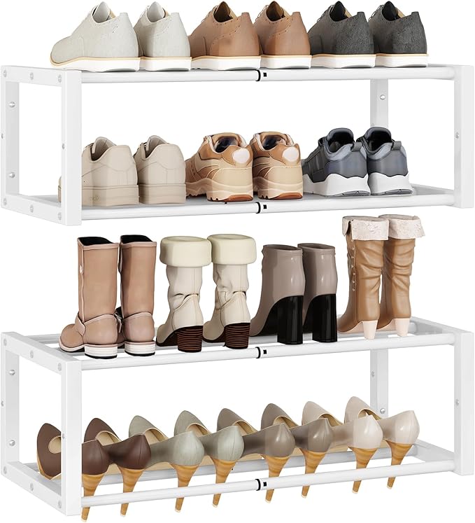IBUYKE 2 Pack Wall Mounted Shoe Rack, 16"-29” Expandable Hanging Shoe Organizer for 12-16 Pairs, Space Saving Metal Wall Shoe Storage for Entryway Closet, White TXJ001W-2