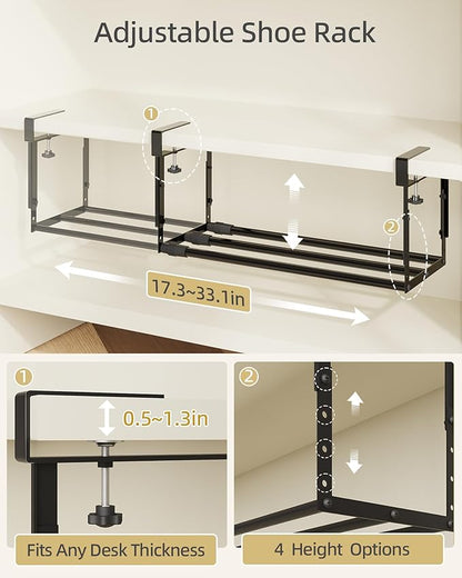 2 Pack Expandable Shoe Rack Organizer for Cabinet, Adjustable Hanging Under Shelf Storage, Sturdy Round Tube Design, Space Saving Shoe Shelf for Closet, Entryway, Laundry Room, Black