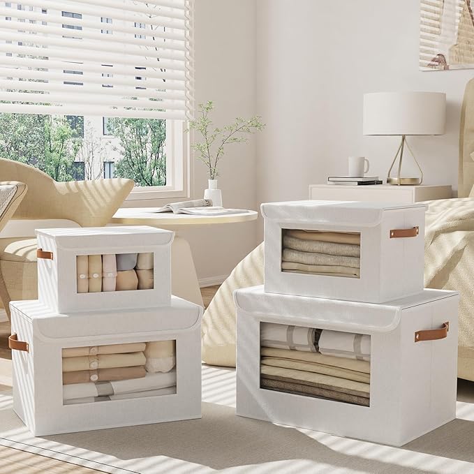 Fabric Storage Boxes with Lids, 10.2 x 7.8 x 6.7 Inch Closet Organizers for Shelves, Foldable Storage Bins with Handles, White, 5-Pack