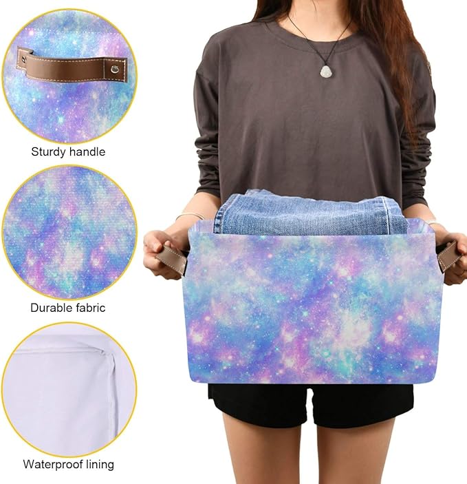 Foldable Storage Baskets Set of 2, Magic Galaxy Star Print Storage Bins with Handles, Decorative Cloth Organizer Storage Boxes for Home|Office 15 x 11 x 9.5 in