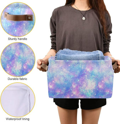Foldable Storage Baskets Set of 2, Magic Galaxy Star Print Storage Bins with Handles, Decorative Cloth Organizer Storage Boxes for Home|Office 15 x 11 x 9.5 in