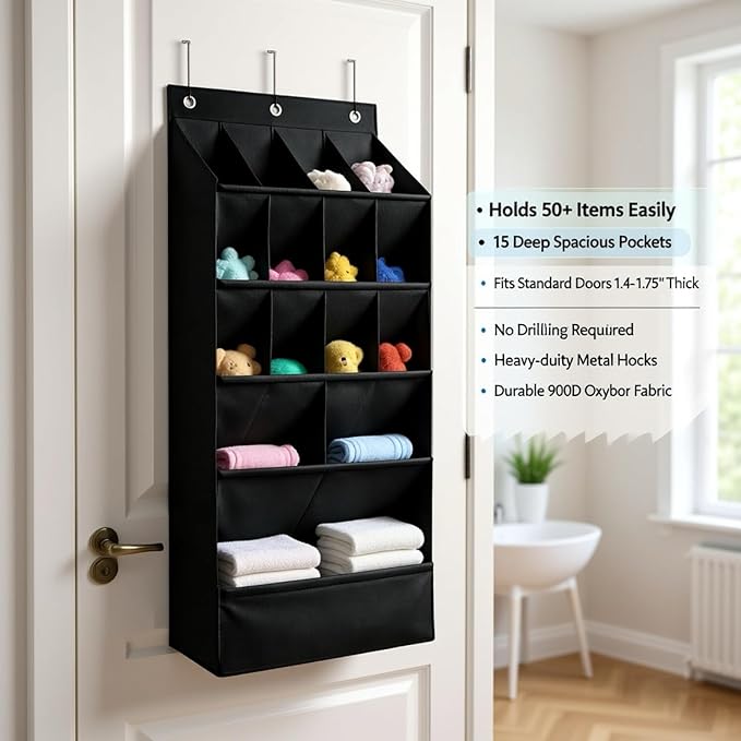 Over the Door Organizer, 15 Deep Pockets, 900D Oxford Fabric, Black, Heavy-Duty Metal Hooks, Space-Saving Storage for Closet, Bedroom, Bathroom