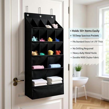 Over the Door Organizer, 15 Deep Pockets, 900D Oxford Fabric, Black, Heavy-Duty Metal Hooks, Space-Saving Storage for Closet, Bedroom, Bathroom