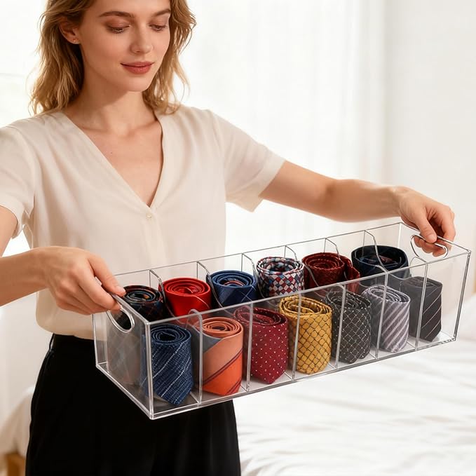 Meaocer Belt Organizer - 7 Compartment Acrylic Belt Display Case for Closet Ties and Bow Ties