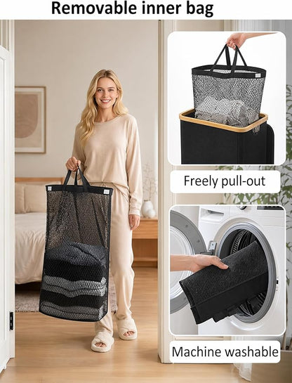 iEGrow Laundry Hamper with Lid, 110L Large Laundry Hamper with Handle and Lid, Collapsible Clothes Basket Organizer with Removable Inner Bag for Clothes Toys Towels - Black