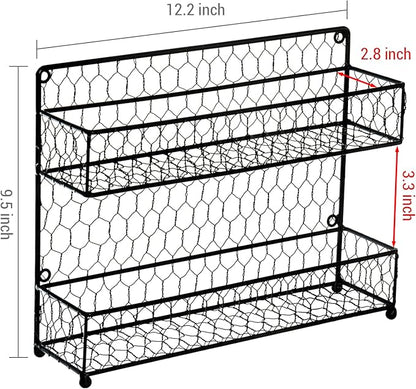 MyGift Spice Rack Wall Mount, Counter 2 Tier Spice Rack, over the Stove Seasoning Jar Storage Organizer, Black Metal Wire, Kitchen Farmhouse Style