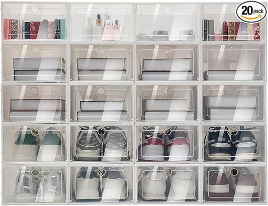 20-Pack Clear Plastic Shoe Storage Boxes with Lids – Stackable Foldable Shoe Organizer Containers, 13 x 8.8 x 5.5 Inch, for Closet, Bedroom, Living Room Organization (White)
