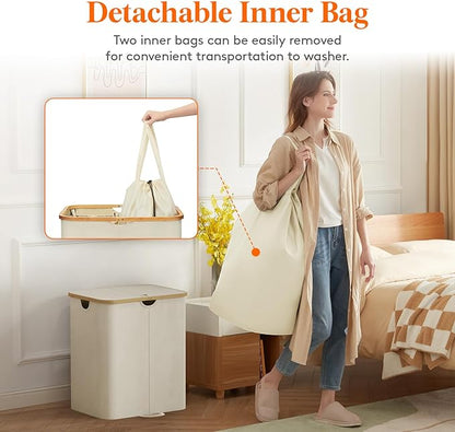 Lifewit 120L Double Laundry Hamper with Lid, Large Laundry Basket with Removable Bag & Bamboo Handles, Fodable Tall Dirty Clothes Hamper for Laundry Collapsible Bin for Bathroom Bedroom Dorm, Beige