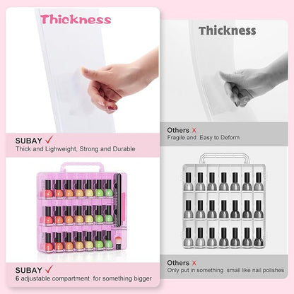 SUBAY Nail Polish Organizer Case for 48 Bottles, Double Side Nail Polish Holder for Storage Display, Portable Nail Polish Storage with 2 Toe Separators, 6 Adjustable Dividers for Space Saver, Pink