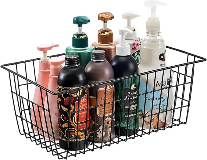 Redrubbit Wire Storage Baskets, Large Farmhouse Metal Freezer Basket Storage Organizer Bins with Handles for Kitchen Cabinets, Pantry, Closets, Bedrooms, Bathrooms, Set of 2, Black
