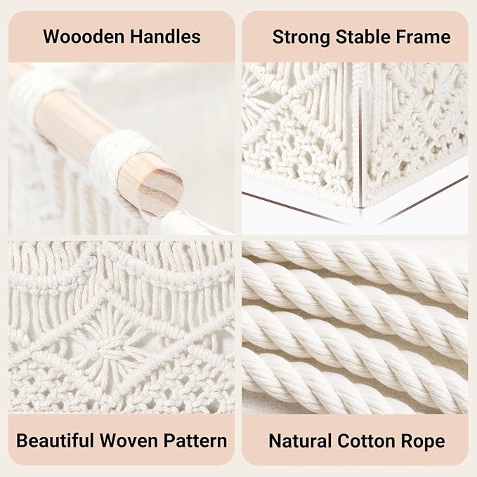 Nonam Macrame Storage Baskets, Boho Decor Style Woven Storage Boxes for Home Organization, Toilet Tank Shelf Cabinet Organizer Baskets,Set of 2-Weave White
