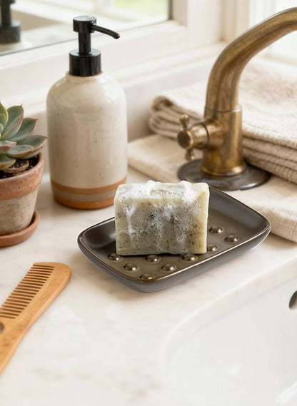 Miamolo Soap Dish for Shower, Ceramic Bar Soap Holder, Soap Saver Non-Slip, Decorative Sponge Tray for Bathroom Kitchen Sink Bathtub, Multi-Purpose, Raised Pattern - Keep Soap Dry, Brown