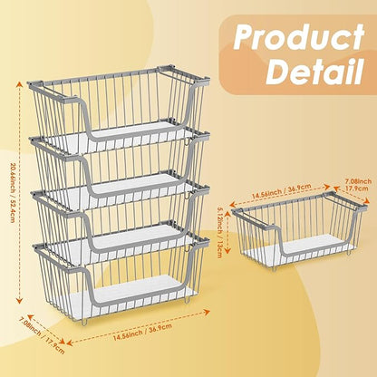 4 Pack Stackable Wire Baskets with Handles for Pantry Organizers and Storage, Fruit and Vegetable wire storage baskets, Potato and Onion Storage Bin, Metal Baskets for Organizing Snacks, Cans (Gray)