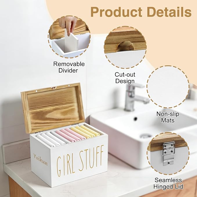 Tampon Holder for Bathroom with Hinged Lid, Modern Farmhouse Feminine Product Organizer, Decorative Storage Box for Pads & Period Essentials, Toilet Tank or Countertop (White)