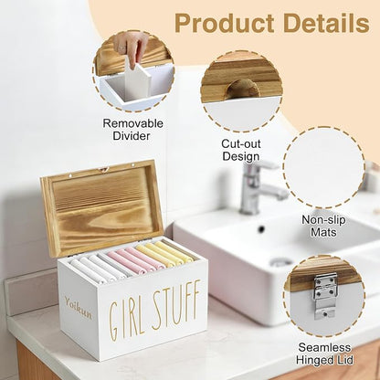 Tampon Holder for Bathroom with Hinged Lid, Modern Farmhouse Feminine Product Organizer, Decorative Storage Box for Pads & Period Essentials, Toilet Tank or Countertop (White)
