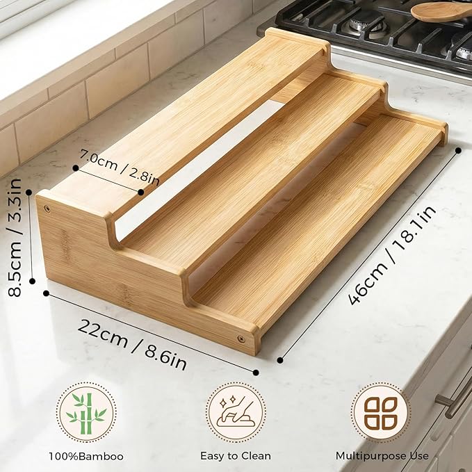 Spice Rack Organizer for Cabinet, 18in Bamboo Tiered Spice Rack，Used for Kitchen Countertops and Food Storage Room Organizer，Specially Designed for Jars and Spice Bottles(Bamboo, L)