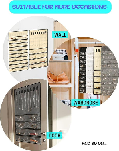 Hanging Jewelry Organizer: Necklace & Earring Holder with Pockets for Closet, Wall or Door (Grey)