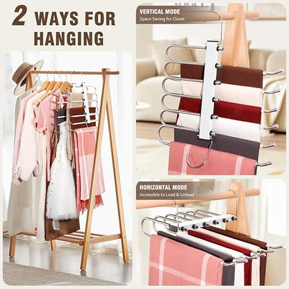 HUITEM 4 Pack 6-Tier Space Saving White Pant Hangers, Anti-Slip, Lightweight, Stainless Steel, Ideal for Closet Organization, Free Installation