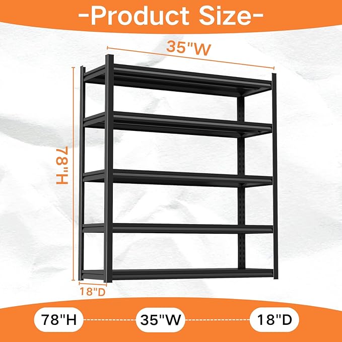 78''H Garage Shelving,3300LBS Heavy Duty Garage Shelving,36"W Industrial Shelving,Adjustable Storage Shelf Unit with Double Layer Posts for Garage,Basement,Warehouse,Commercial,Black 5 Tier